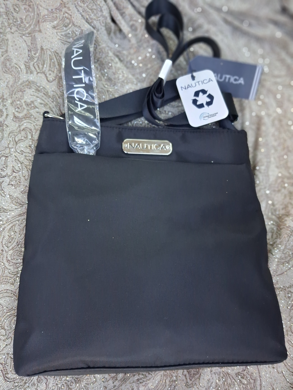 Nautica Black Nylon Crossbody Bag with Logo Plate